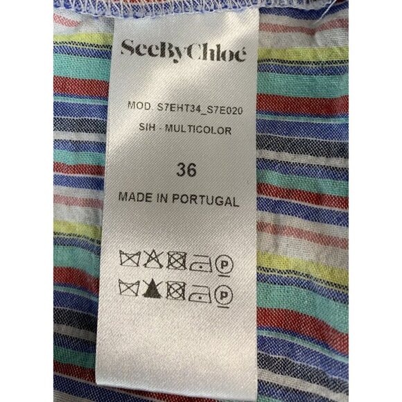 See by Chloe Top Blouse Women Size 36 4 Stripe Pink Blue Off Shoulder Ruffle B60 - Picture 7 of 8